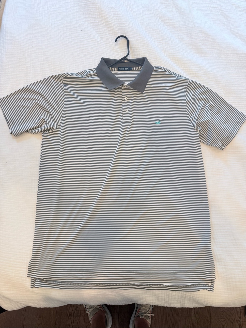 Southern Marsh Men’s Gray & White Striped Polo with Dark Gray Collar